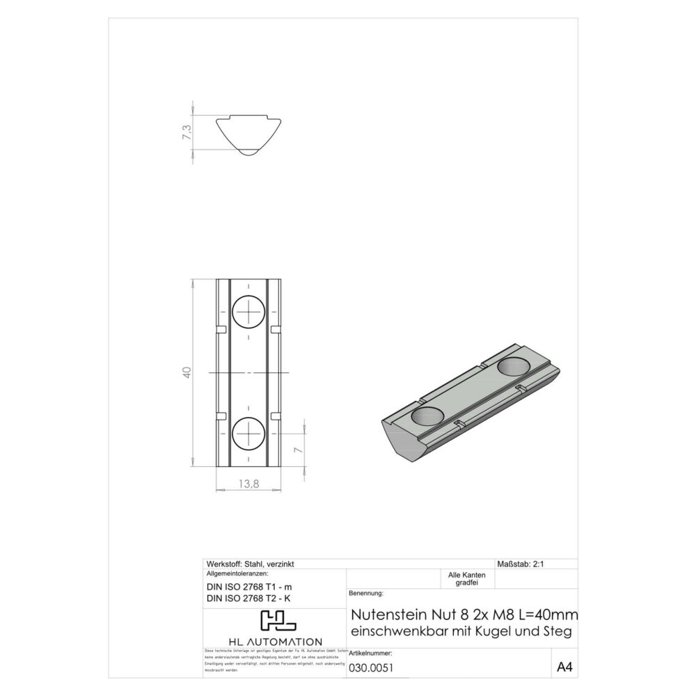 Nutenstein Nut 8 2xM8 L=40mm einschwenkbar mit Kugel und Steg – Bild 2