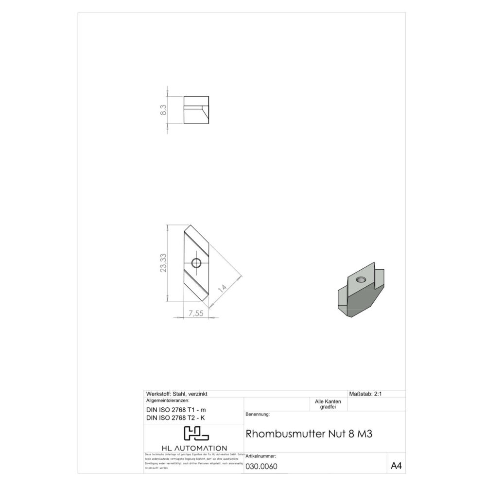 Rhombusmutter Nut 8 M3 – Bild 2