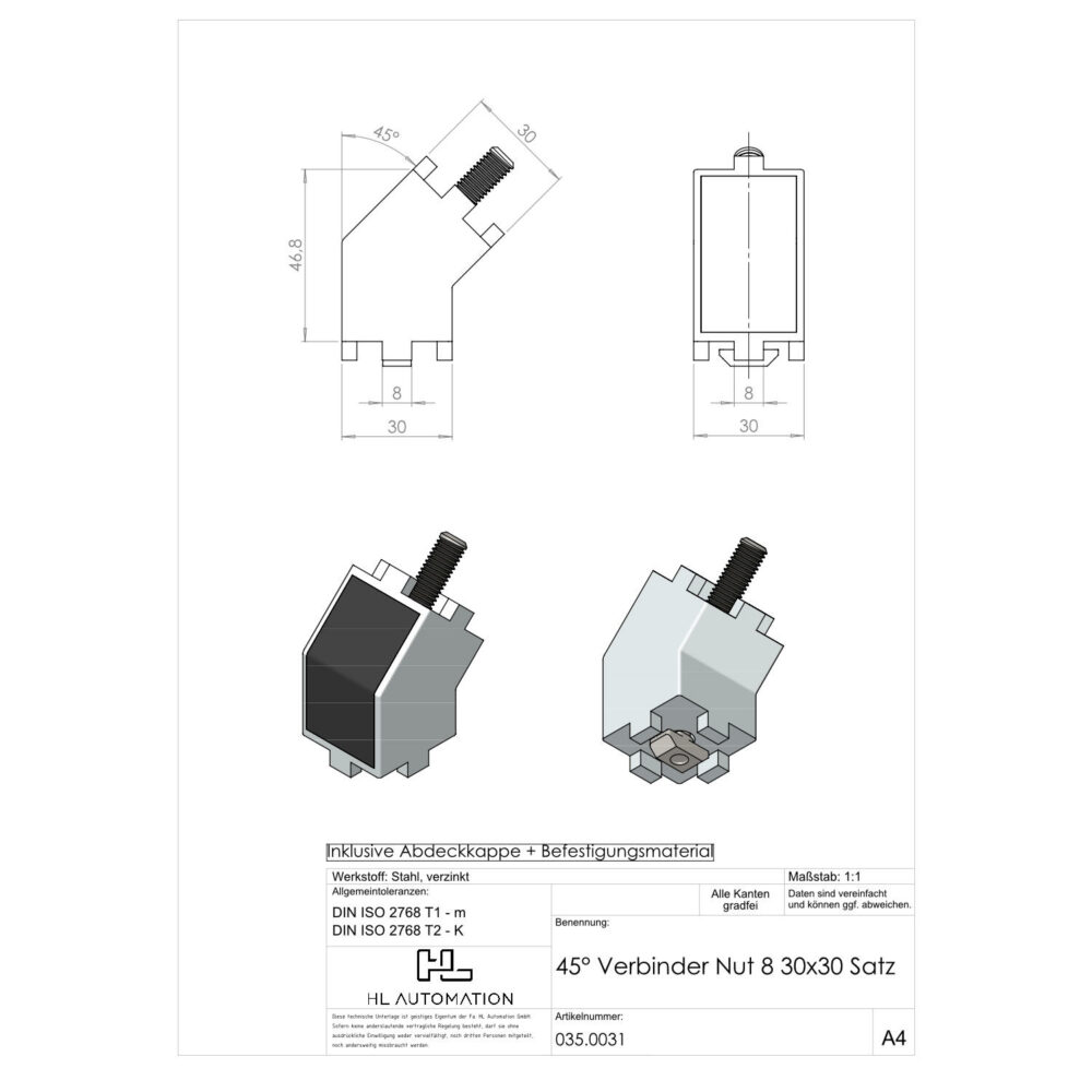 Verbinder 45° Nut 8 30x30 Satz – Bild 2