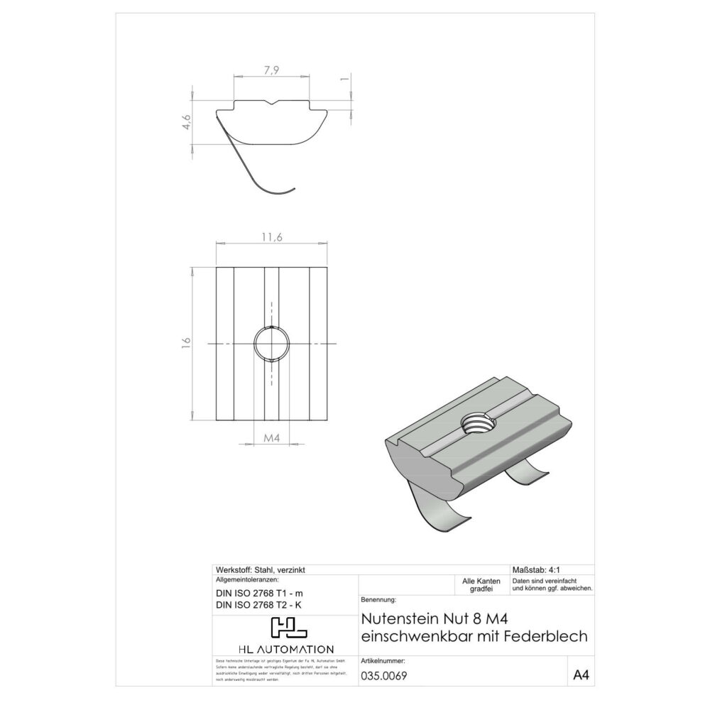 Nutenstein Nut 8 M4 einschwenkbar mit Federblech – Bild 2