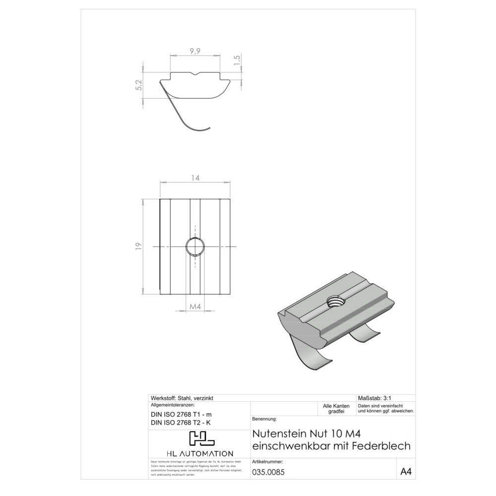 Nutenstein Nut 10 M4 einschwenkbar mit Federblech – Bild 2