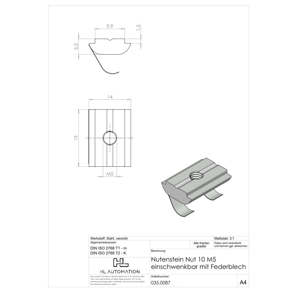 Nutenstein Nut 10 M5 einschwenkbar mit Federblech – Bild 2