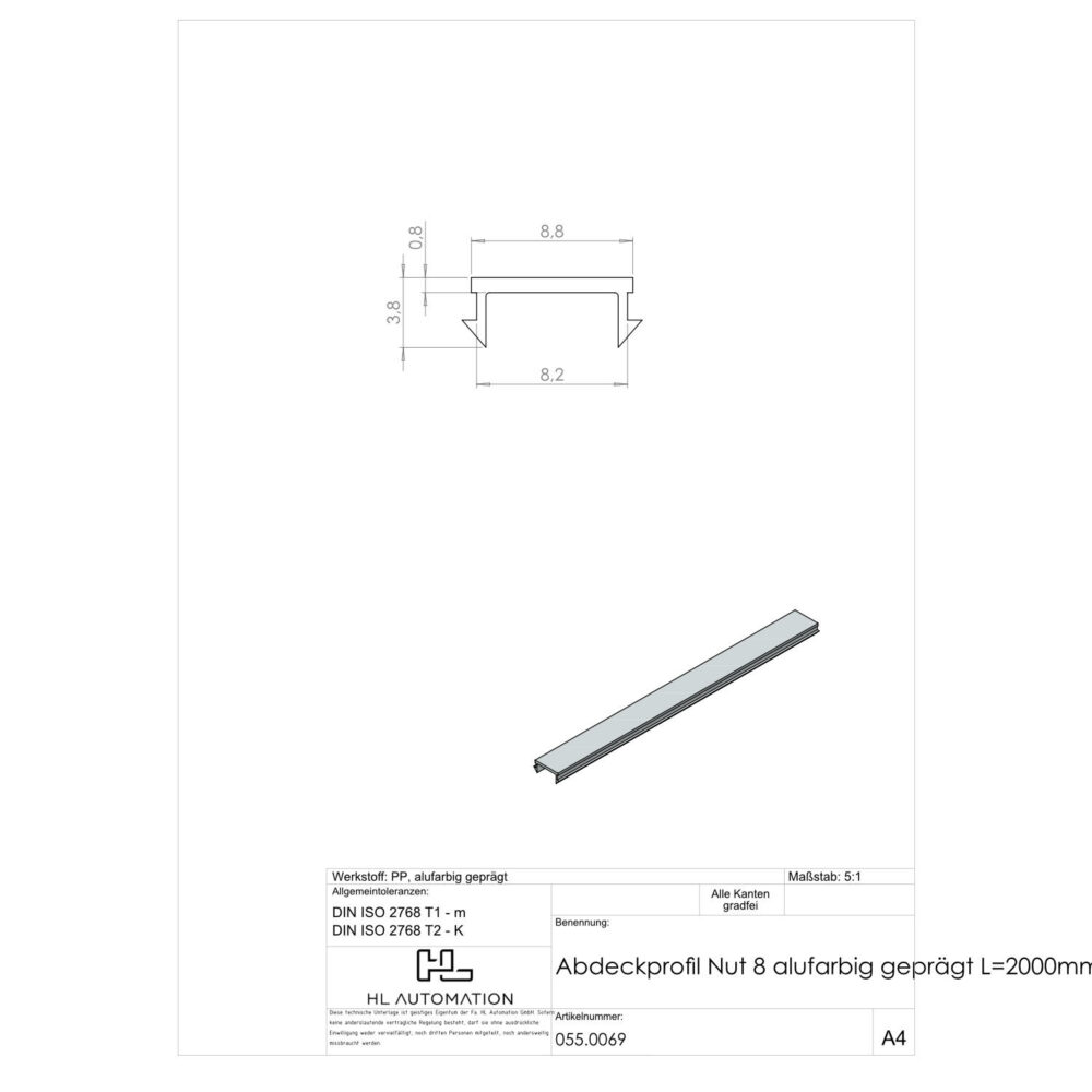 Abdeckprofil Nut 8 alufarbig geprägt L=2000mm – Bild 2