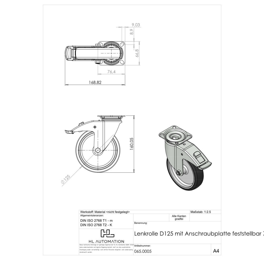 Lenkrolle D125 mit Anschraubplatte77x67 feststellbar ESD – Bild 2