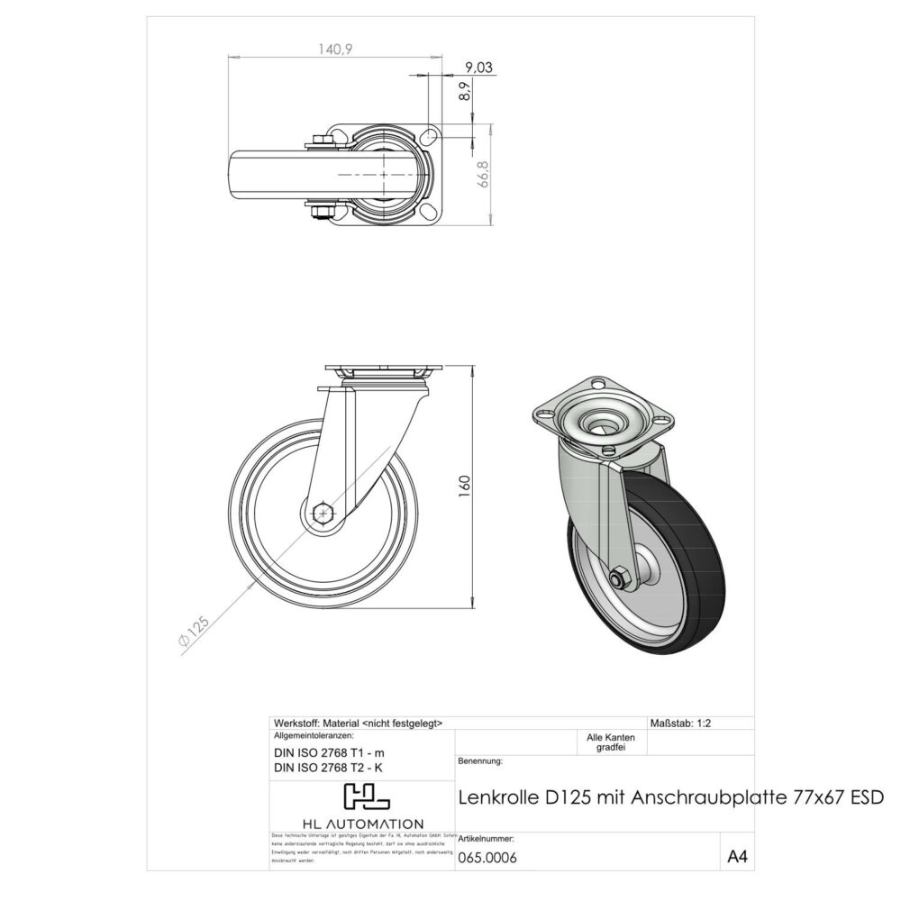 Lenkrolle D125 mit Anschraubplatte 77x67 leitfähig – Bild 2